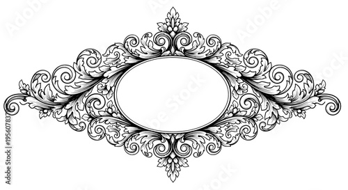 Ornate Black and White Vintage Oval Frame with Elegant Decorative Baroque Flourishes and Swirls