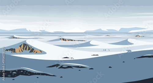 Stylized illustration of a vast, tranquil polar landscape, featuring undulating snowdrifts, exposed rock formations, a lone polar bear, and two