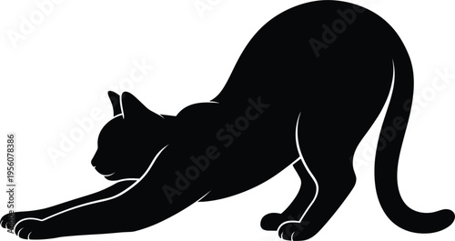 Black cat silhouette stretching vector illustration of a graceful feline animal isolated on white background for pet themed design.