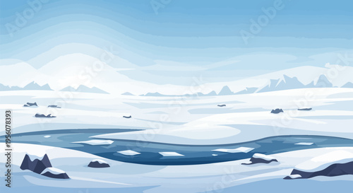 Vast arctic expanse with snow-covered terrain, deep blue icy water, floating ice chunks, and distant mountains beneath a clear gradient sky,