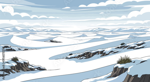 Illustrated desolate winter expanse with snow-covered dunes and rocky terrain under a vast, pale sky, conveying a cold, tranquil wilderness scene