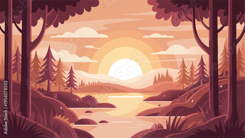 Dreamy twilight scene with a sun low on the horizon over a tranquil lake, surrounded by soft purple hills and trees