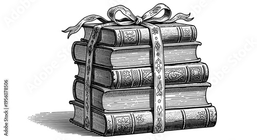 Vintage Stack of Decorative Books Tied with an Ornate Ribbon in Black and White Engraving Style