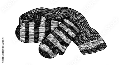 Hand-drawn Black and White Illustration of a Cozy Knitted Winter Scarf and Striped Mittens Set