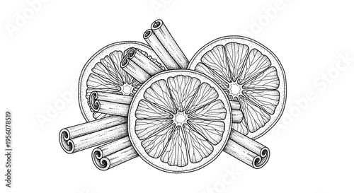 Detailed Line Art Illustration of Dried Citrus Slices and Aromatic Cinnamon Sticks for Spice and Flavor
