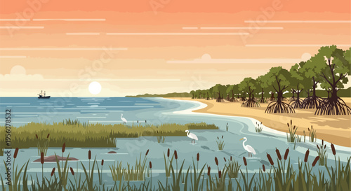 Serene flat design illustration of a coastal mangrove ecosystem at tranquil sunset