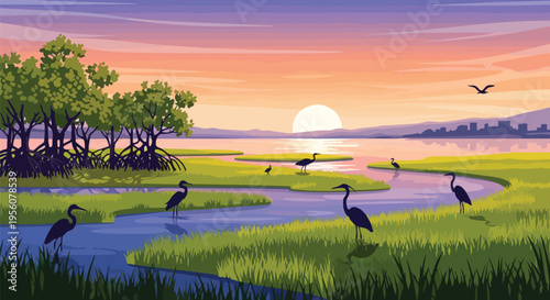 Serene wetland sunset art featuring graceful wading birds in tranquil waters amidst lush marsh Distant city skyline under colorful twilight sky a