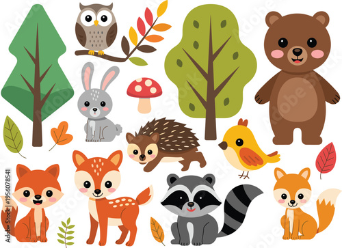 Cute forest animals collection with fox deer raccoon bear owl hedgehog and trees woodland cartoon vector illustration set