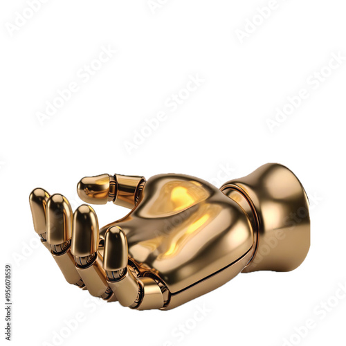 Gleaming golden robotic hand 3D illustration with an open, cupped palm against a clean white background, symbolizing technological advancement, future innovation, and digital concepts