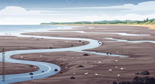 Vast intertidal zone landscape with winding waterways and distant shores beneath cloudy skies