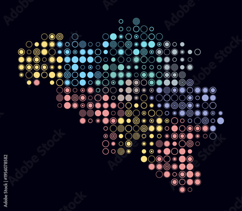 Belgium, shape of the country build of colored cells. Digital style map of the Belgium on dark background. Large size circle blocks. Amazing vector illustration.