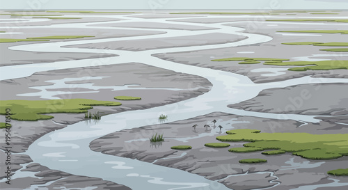 Intricate network of winding waterways flowing through a serene and expansive wetland landscape