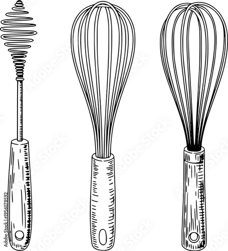 Hand Drawn Kitchen Whisks Including Spiral Balloon and French Styles White Background