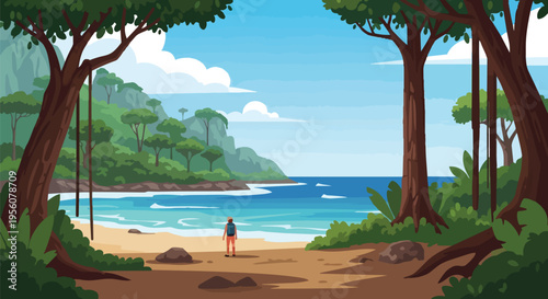 An intrepid explorer stands on a pristine sandy beach, gazing at the tranquil azure sea, framed by dense tropical forest and towering verdant trees.