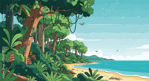 Vibrant tropical coastline scene with dense jungle foliage meeting serene sandy beach and tranquil azure ocean under a clear sky with soaring birds