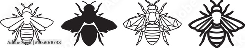 Four distinct illustrations of bees with varying body and wing designs