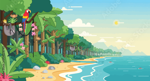 Vibrant tropical rainforest and sandy beach scene, alive with exotic wildlife.