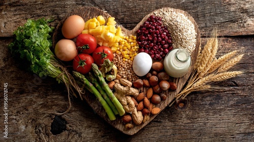 cholesterol. A heart-shaped arrangement of healthy foods on vintage wooden boards, conveying a wholesome diet concept. menu design.