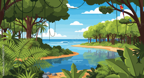 Vibrant illustrated tropical river scene winding through dense jungle foliage towards an azure ocean under a clear sky with scattered clouds and