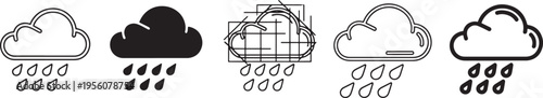 Five different weather icons depicting types of rain clouds and precipitation