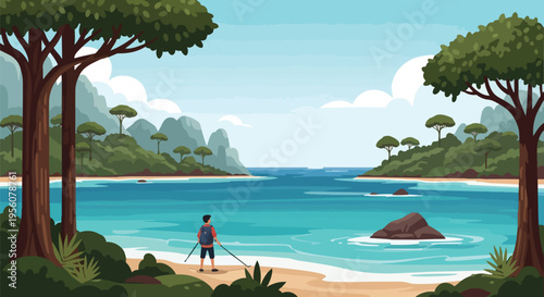 A serene tropical island vista featuring a lone traveler observing the tranquil turquoise ocean waters framed by majestic ancient trees and lush