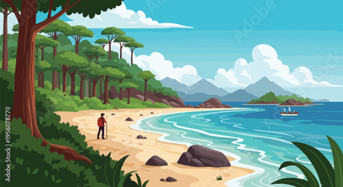 A lone explorer finds serenity on a pristine tropical beach, embraced by dense green forests and distant mountains, with a small boat on the azure