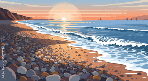 A vibrant vector illustration portrays a serene pebble beach at sunrise or sunset, with tranquil waves and distant sailboats.