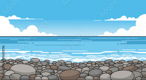 A serene cartoon illustration depicting a tranquil pebble beach scene under a clear blue sky with fluffy white clouds and gentle ocean waves,