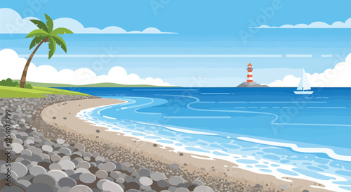 picturesque seascape with a tropical palm, pebbly shore, and a distant lighthouse
