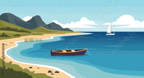 A peaceful illustrated coastal vista featuring mountains, a quiet beach, and boats upon the tranquil blue sea