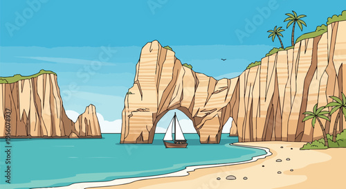 An idyllic tropical seascape featuring towering limestone formations with natural arches, a small sailboat gently gliding on turquoise waters, and a