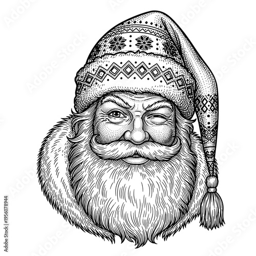 Detailed Vintage Engraving of Santa Claus Winking with a Festive Patterned Winter Hat