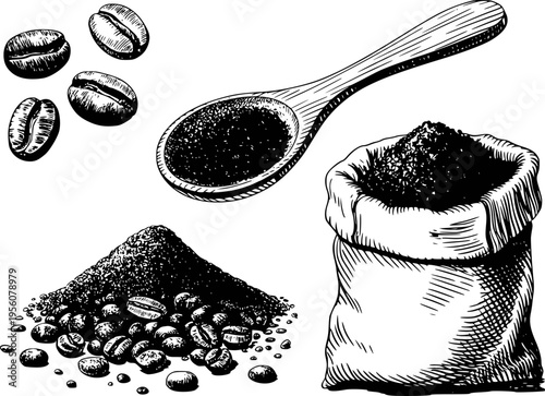 Vintage of coffee beans ground coffee and burlap sack white background powder spoon