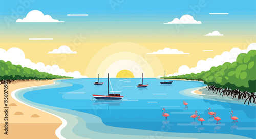 Vibrant tropical seascape illustration with sailing boats, lush mangroves, and a flock of pink flamingos at sunset.