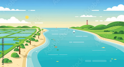 Expansive tropical estuary with vibrant green hills, serene aquaculture fields, and a distant lighthouse beacon under a brilliant sunny sky