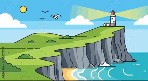 Coastal beacon illuminating the vast ocean from a verdant cliffside under a clear sky