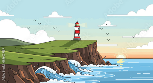 Coastal beacon on a cliff overlooking the ocean at dawn, with powerful waves breaking against the rocky shore and a flight of birds crossing the