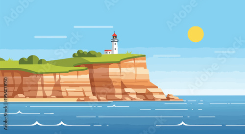 Flat design coastal panorama with a classic lighthouse majestically perched on an imposing cliff, overlooking the expansive calm blue sea under a