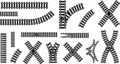 Railway Track Elements Set with Straight Curved Crossing and Switch Rails Silhouette Collection for Train Transport Infrastructure and Engineer.