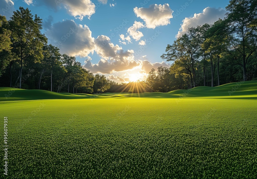 Obraz premium Serene summer landscape illustration featuring a vast, lush green grass field with trees against a bright blue sky background. Ideal park or golf course scene, perfect for website headers, travel broc