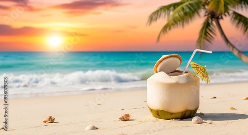 Summer vacation paradise coconut drink on a tropical beach at sunset