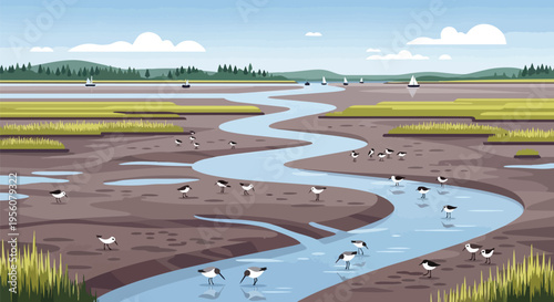 Expansive estuarine mudflats at low tide, teeming with wading birds along a winding river, distant sailboats.