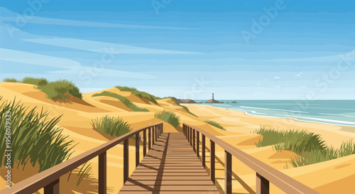 Vibrant coastal scene boardwalk over dunes to ocean and lighthouse under clear sky perfect summer escape tranquil beach landscape sunny outdoor