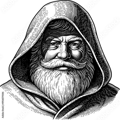 Intricate Black and White Woodcut Engraving Style Illustration of an Old Man with a Hood and Long Beard