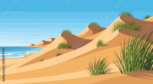 Artistic illustration of golden sand dunes, calm ocean, clear sky, and green coastal grasses, creating a peaceful, sunlit natural beach landscape.