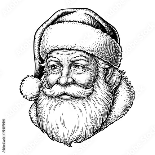 Detailed Engraving Style Illustration of Santa Claus's Head with a Jolly Expression