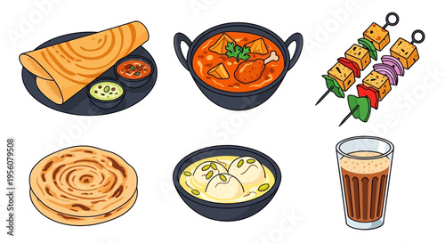 Delicious Indian cuisine dishes with various traditional food items and drinks.