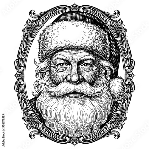 Classic Hand-Drawn Engraving Style Portrait of Santa Claus in an Ornate Oval Frame