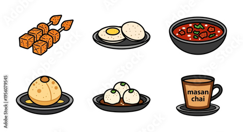 Delicious and colorful Indian food dishes, including kebabs, eggs, and chai.