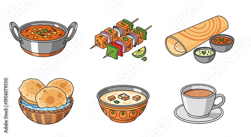 Delicious Indian food dishes including curry, kebabs, dosa, and tea, isolated on white.
